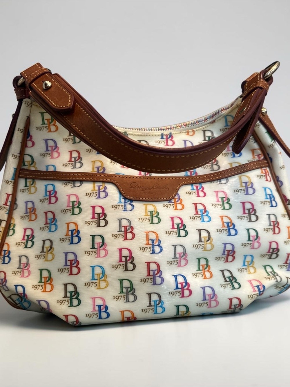 Dooney & Bourke White Multicolor DB Logo Shoulder Bag with Brown Trim